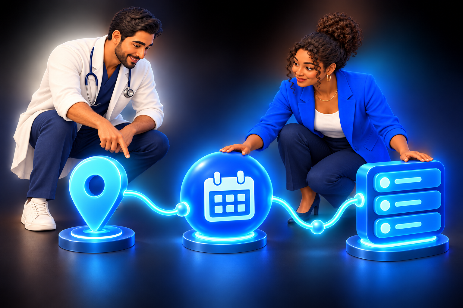 Profissionais fictícios conectando localização, agendamento e organização de contatos de uma clínica médica.